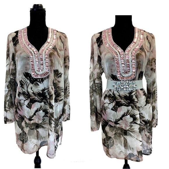 Premise brown pink sheer chiffon gem jewelled beach coverup blouse top Sz L 🔥 - Picture 1 of 9